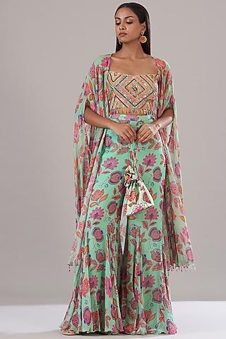 mint green cotton silk & georgette printed cape set