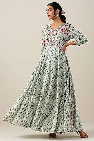 mint green cotton silk boota & jaal printed anarkali set