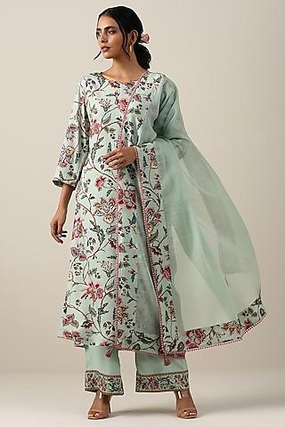 mint green cotton silk jaal printed kurta set