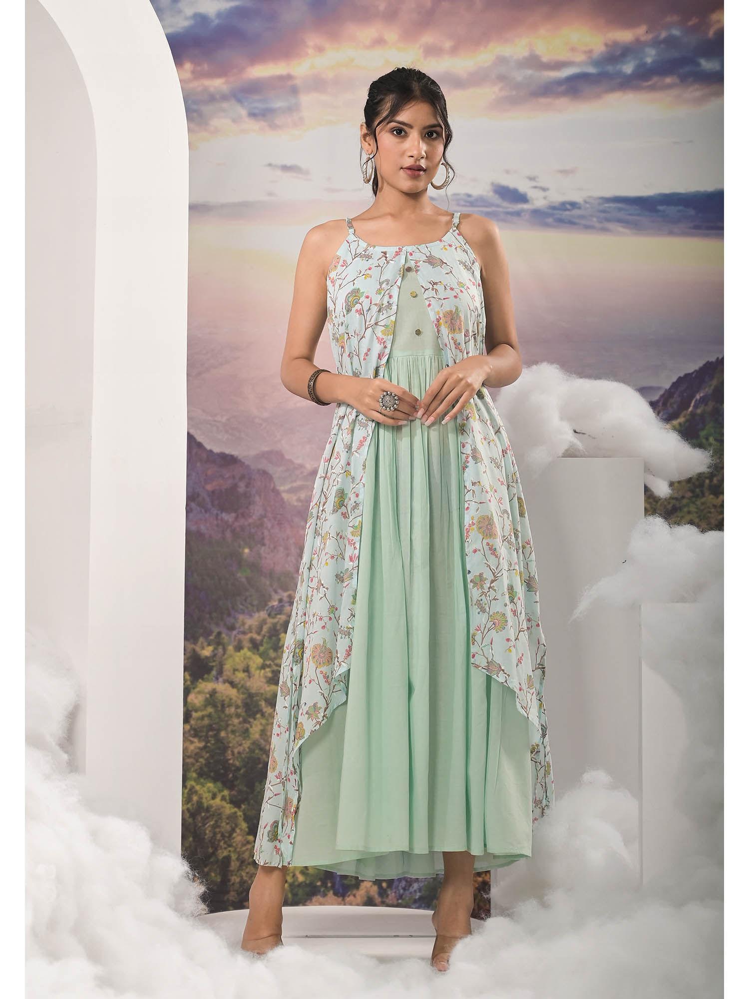 mint green cotton tired flared maxi dress