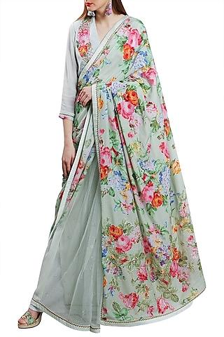 mint green crepe embroidered & printed saree set