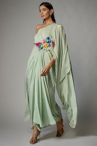 mint green crepe one-shoulder draped dress