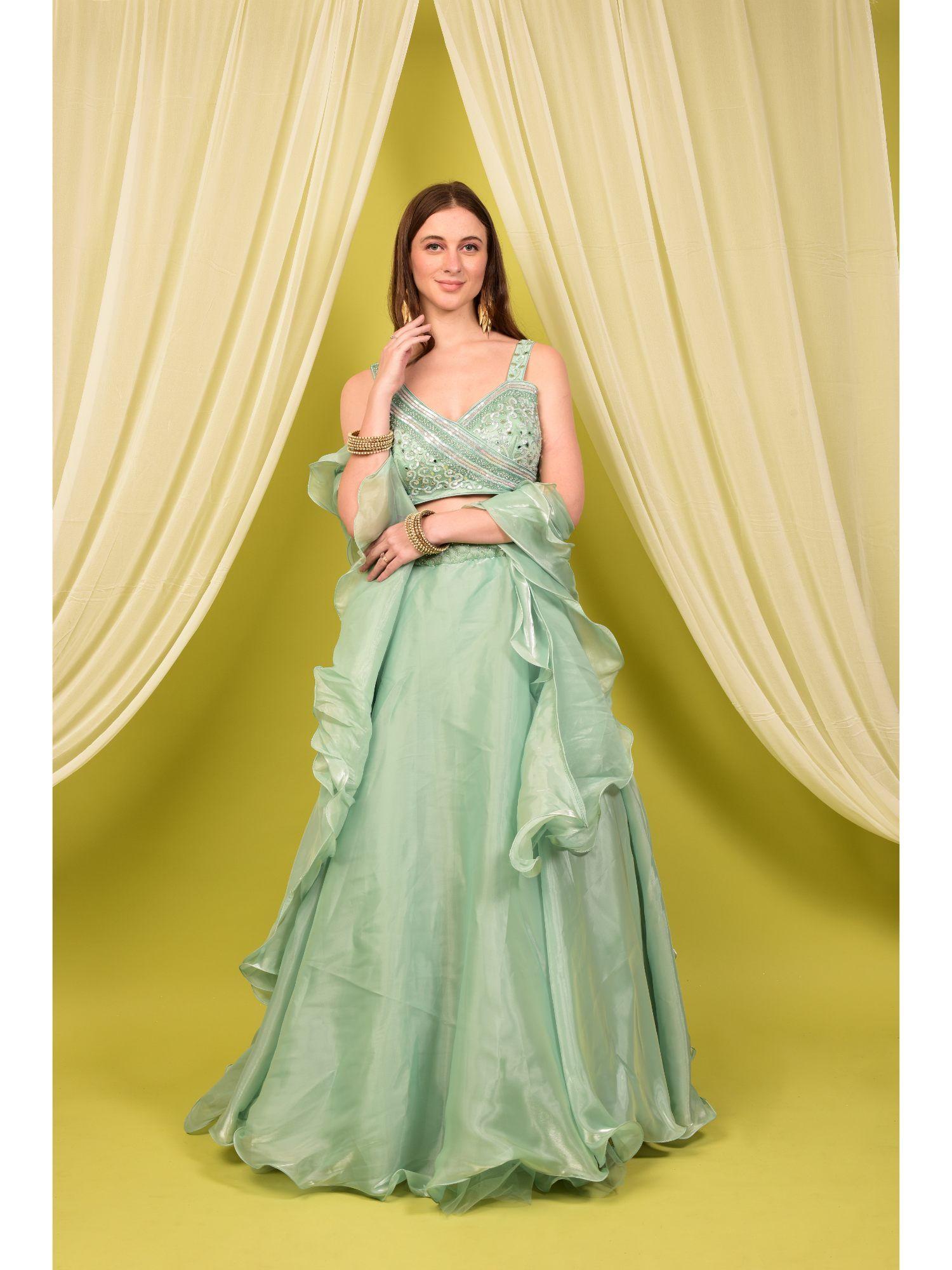 mint green crop top and skirt with ruffle dupatta (set of 3)