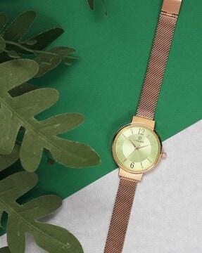 mint green dial analogue fashion watch with mesh strap for women