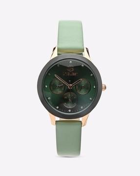 mint green dial analogue fashion watch with multi-dial function and leather strap for women