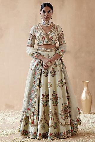 mint green dupion silk embellished lehenga set