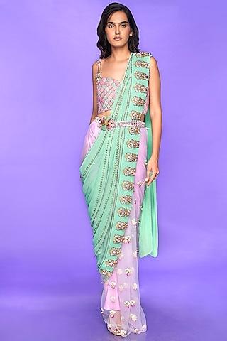 mint green embellished pre-stitched saree set