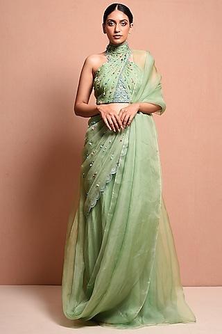 mint green embellished saree gown set