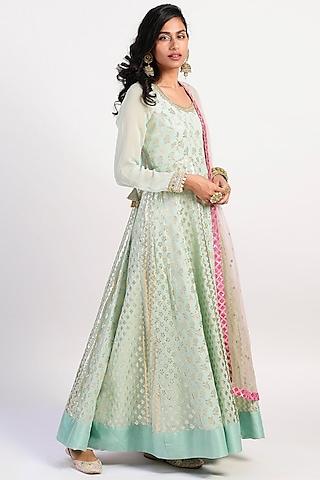 mint green embroidered & flared anarkali set