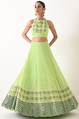 mint green embroidered & printed lehenga set