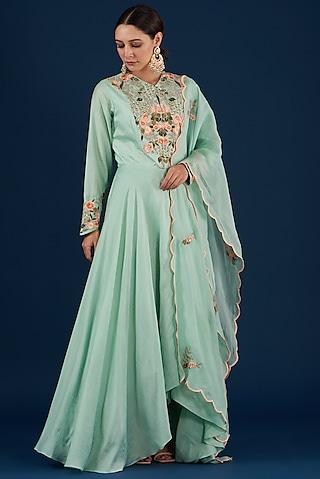 mint green embroidered anarkali set