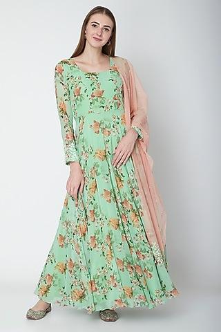 mint green embroidered anarkali set