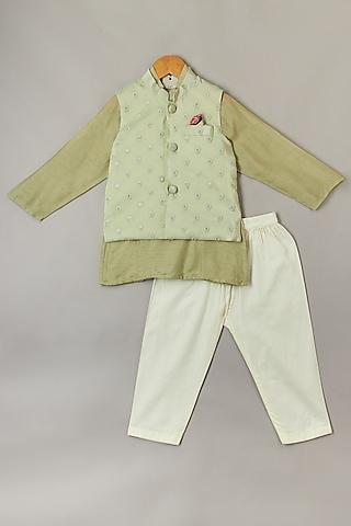 mint green embroidered bundi jacket with kurta set for boys