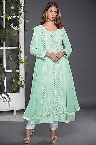 mint green embroidered chikankari anarkali set