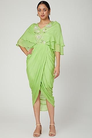 mint green embroidered draped dress
