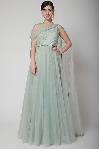 mint green embroidered gown with belt