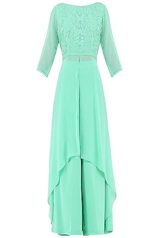 mint green embroidered high low kurta with palazzo pants