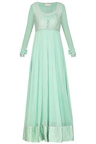 mint green embroidered jacket anarkali with dupatta