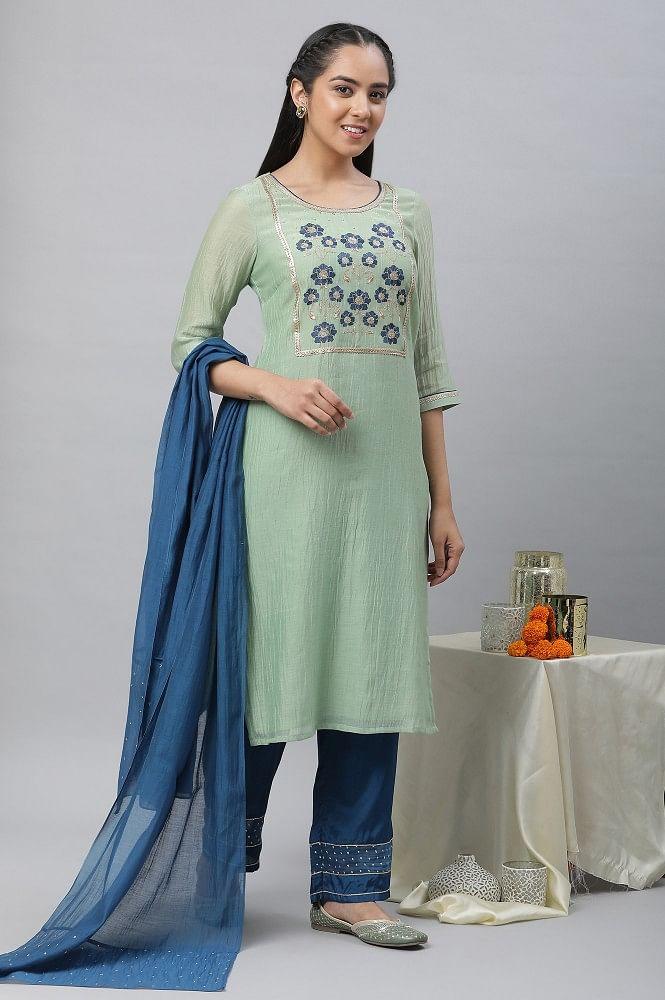 mint green embroidered kurta, palazzo & dupatta set