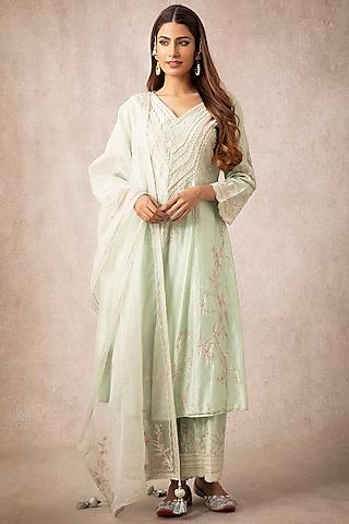 mint green embroidered kurta set