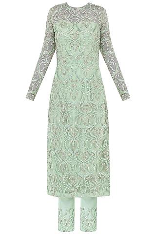 mint green embroidered kurta with pants set