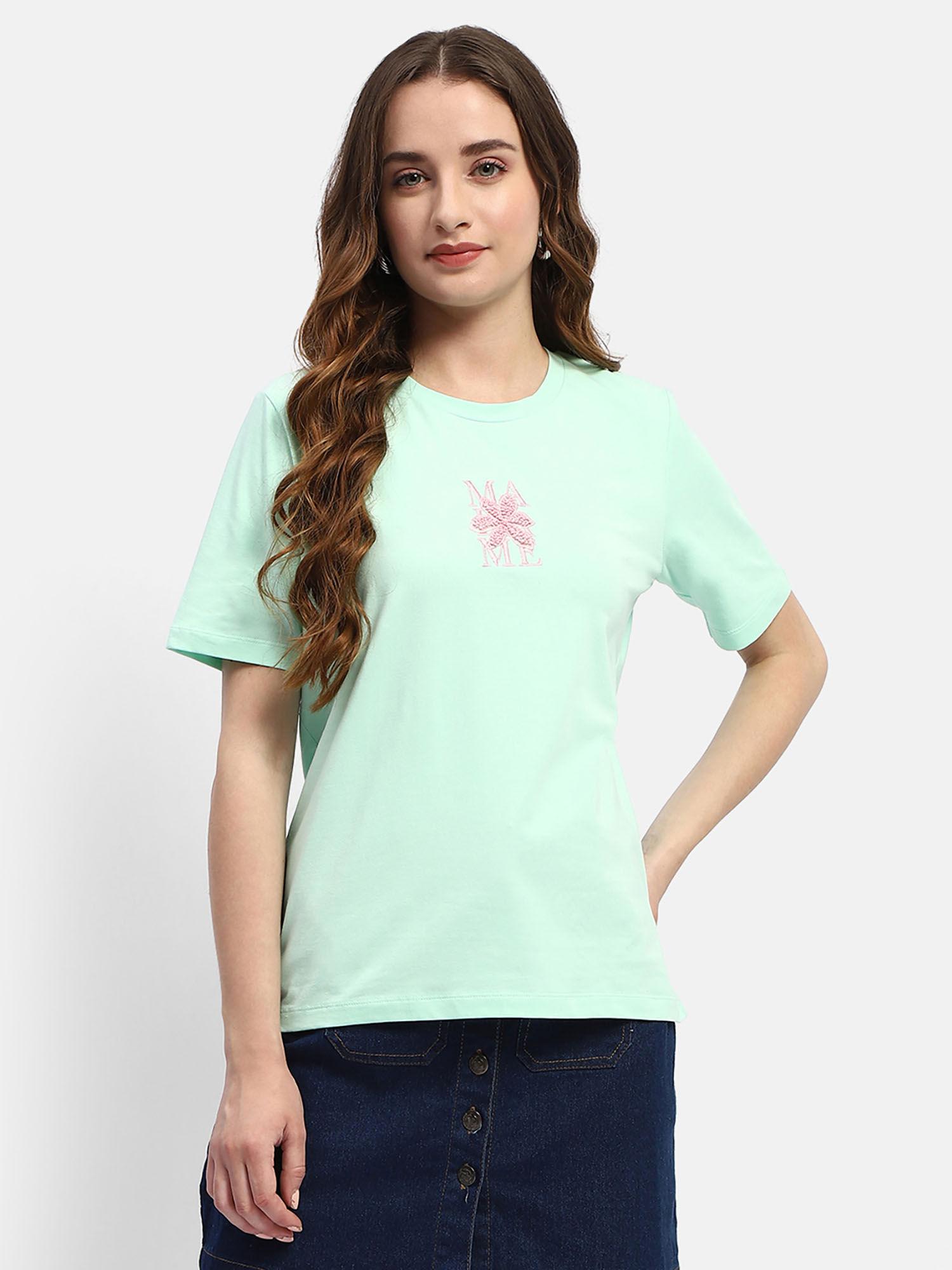 mint green embroidered regular round neck t-shirt