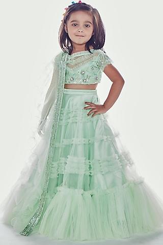 mint green embroidered ruffled lehenga set for girls