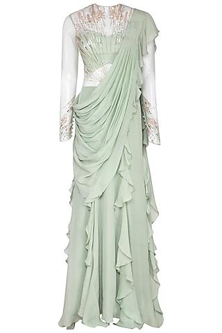 mint green embroidered saree gown