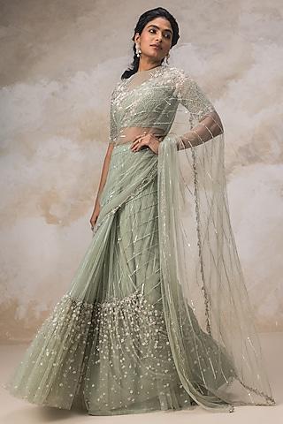 mint green embroidered saree set