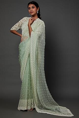 mint green embroidered saree set