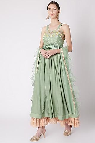 mint green embroidered skirt set