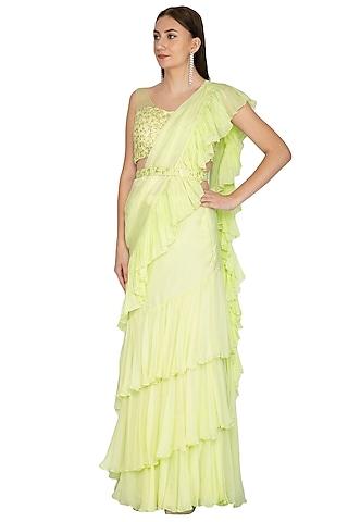 mint green flat chiffon & net ruffled saree set with belt