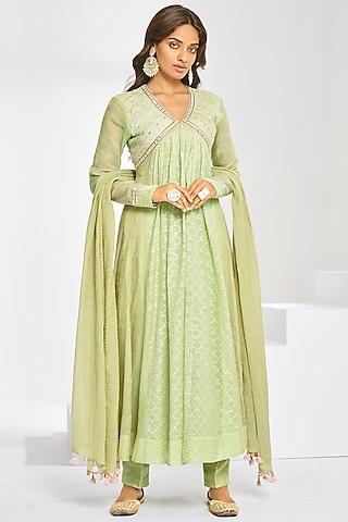 mint green flat silk & chanderi embroidered anarkali set
