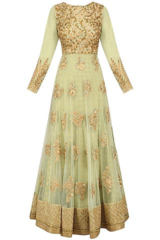 mint green floral embroidered anarkali set