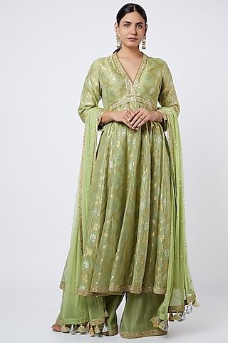 mint green floral embroidered anarkali set