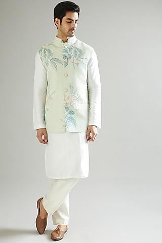 mint green floral embroidered nehru jacket