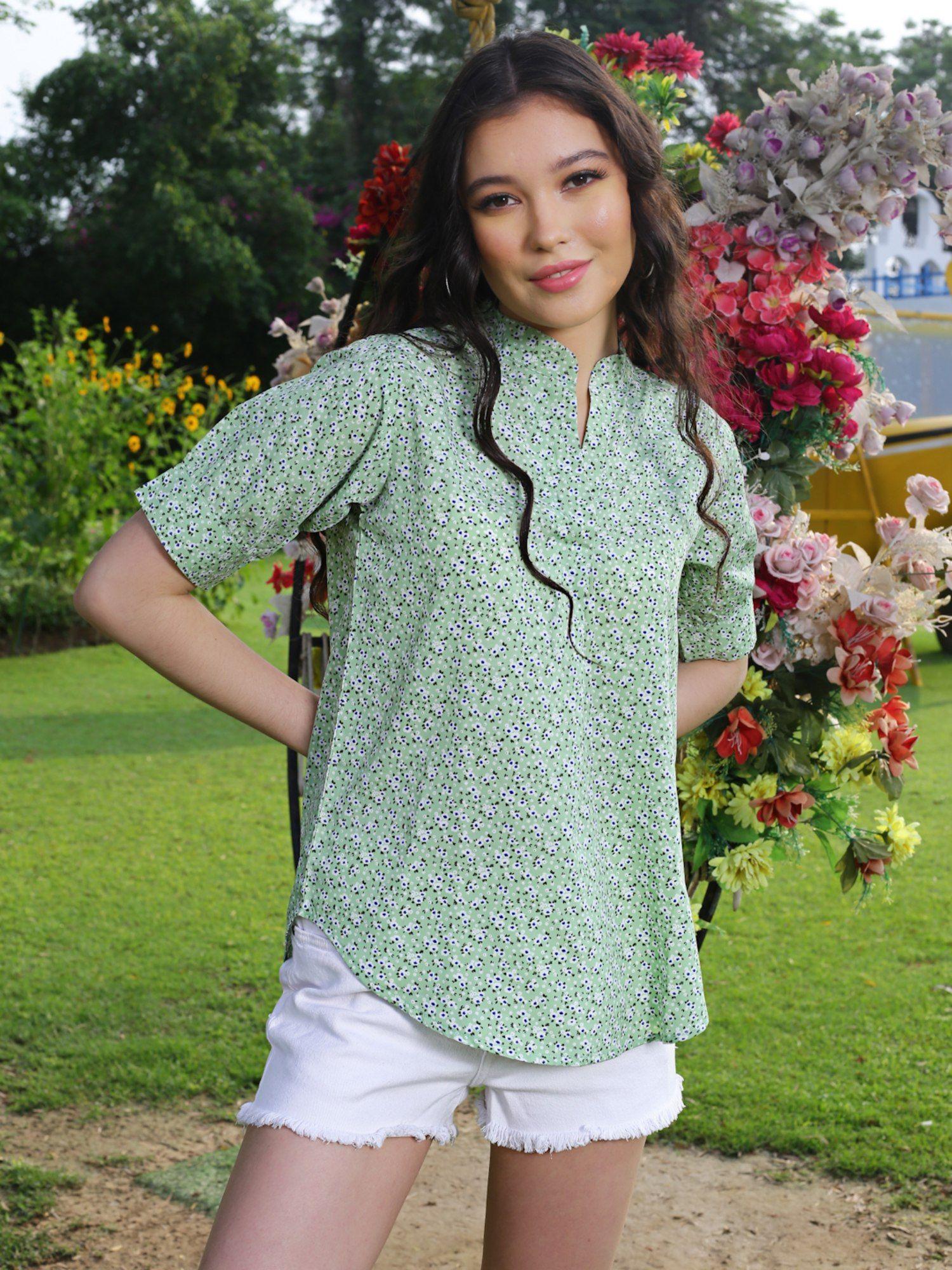 mint green floral printed mandarin collar regular top