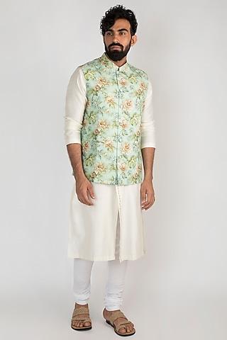 mint green floral printed nehru jacket