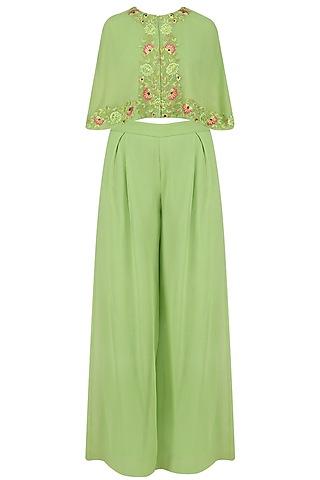 mint green front open embroidered cape and flared pants set