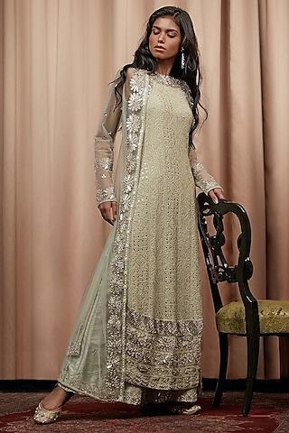 mint green georgette embellished chikankari kurta set