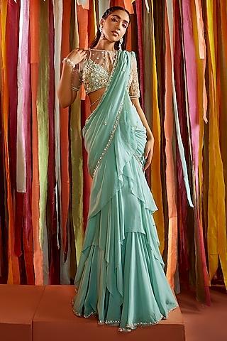 mint green georgette embroidered pre-draped ruffled saree set