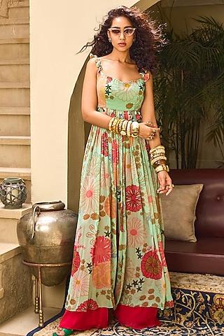 mint green georgette floral printed tunic set