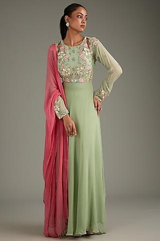 mint green georgette hand & machine embroidered anarkali set