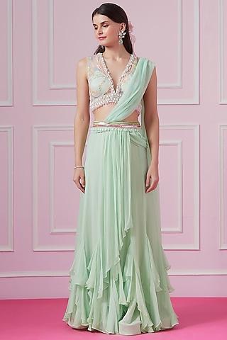 mint green georgette ruffled saree set