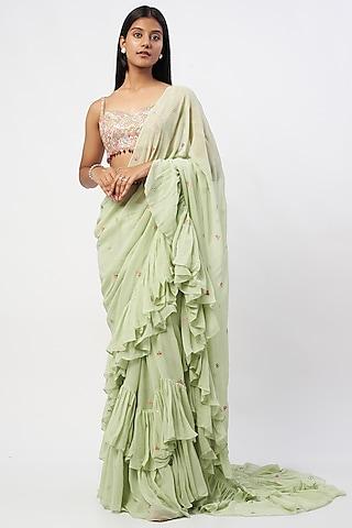 mint green georgette ruffled saree set