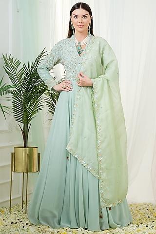 mint green georgette sequins hand embroidered kalidar anarkali set