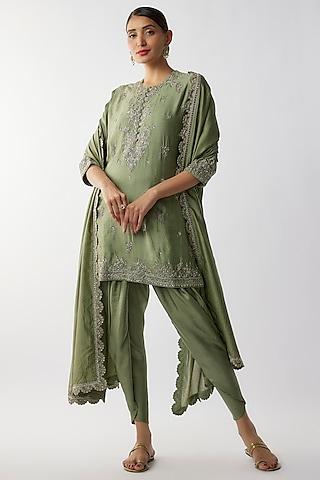 mint green grey silk zari embroidered kurta set