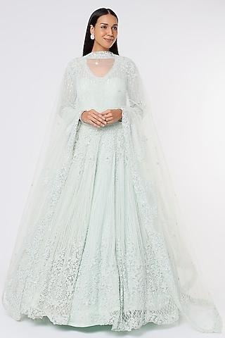 mint green hand embellished gown with dupatta