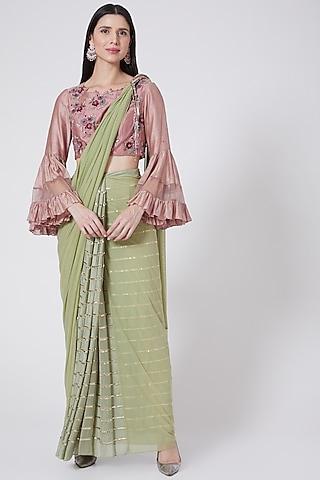 mint green hand embroidered draped saree set