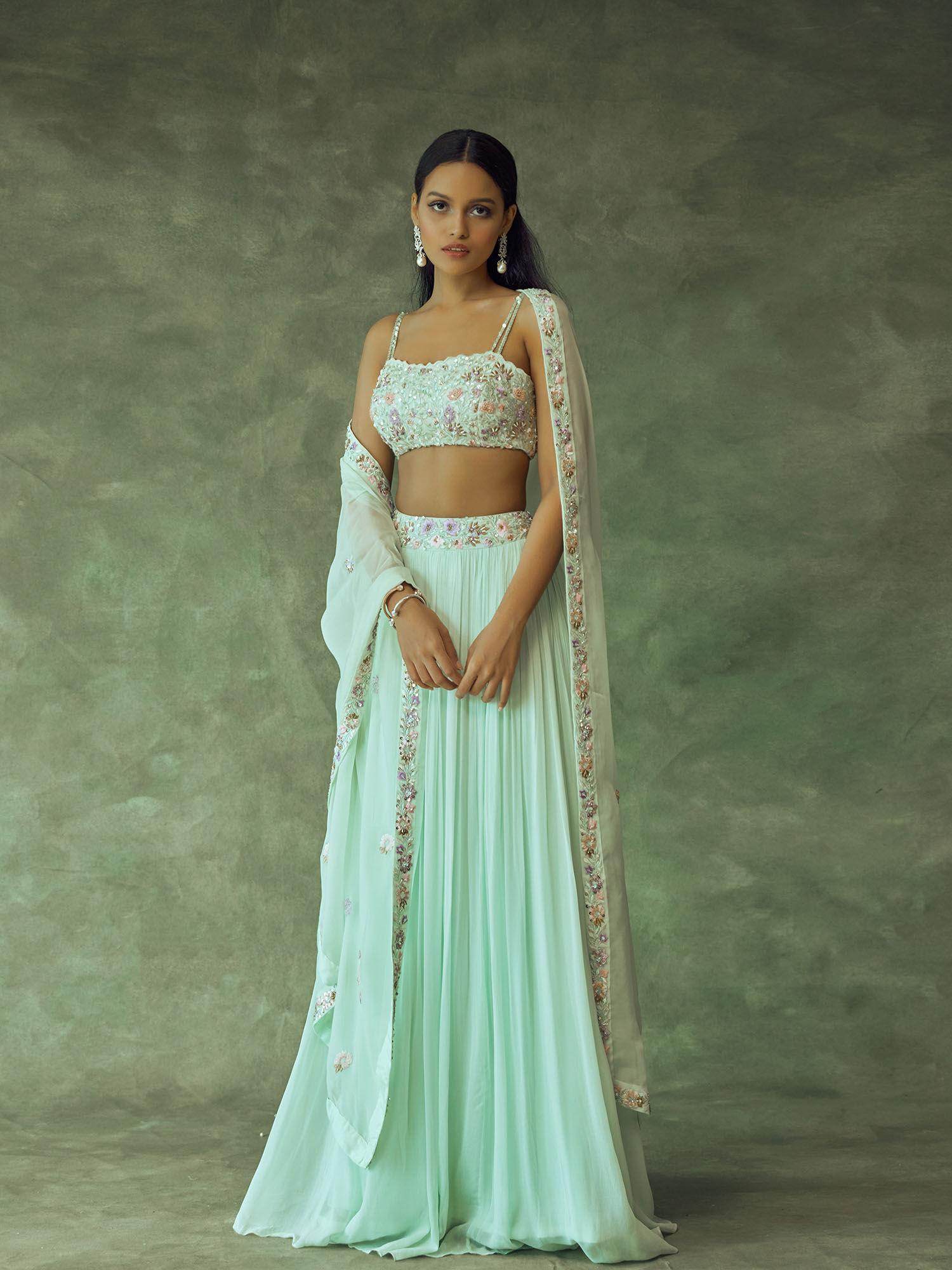 mint green hand embroidered lehenga with blouse & dupatta (set of 3)
